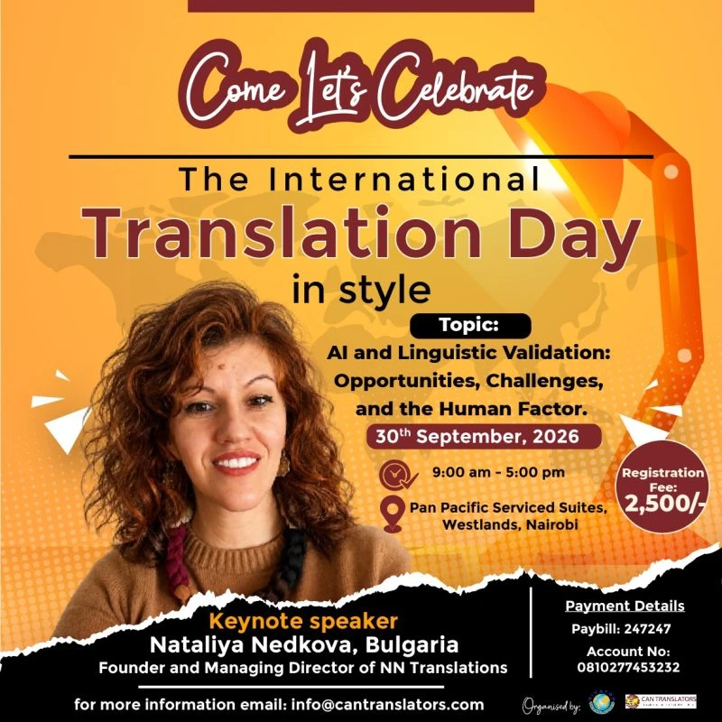 International Translation Day 2026 poster announcing Nataliya Nedkova as keynote speaker on AI and Linguistic Validation, Nairobi, 30 September 2026