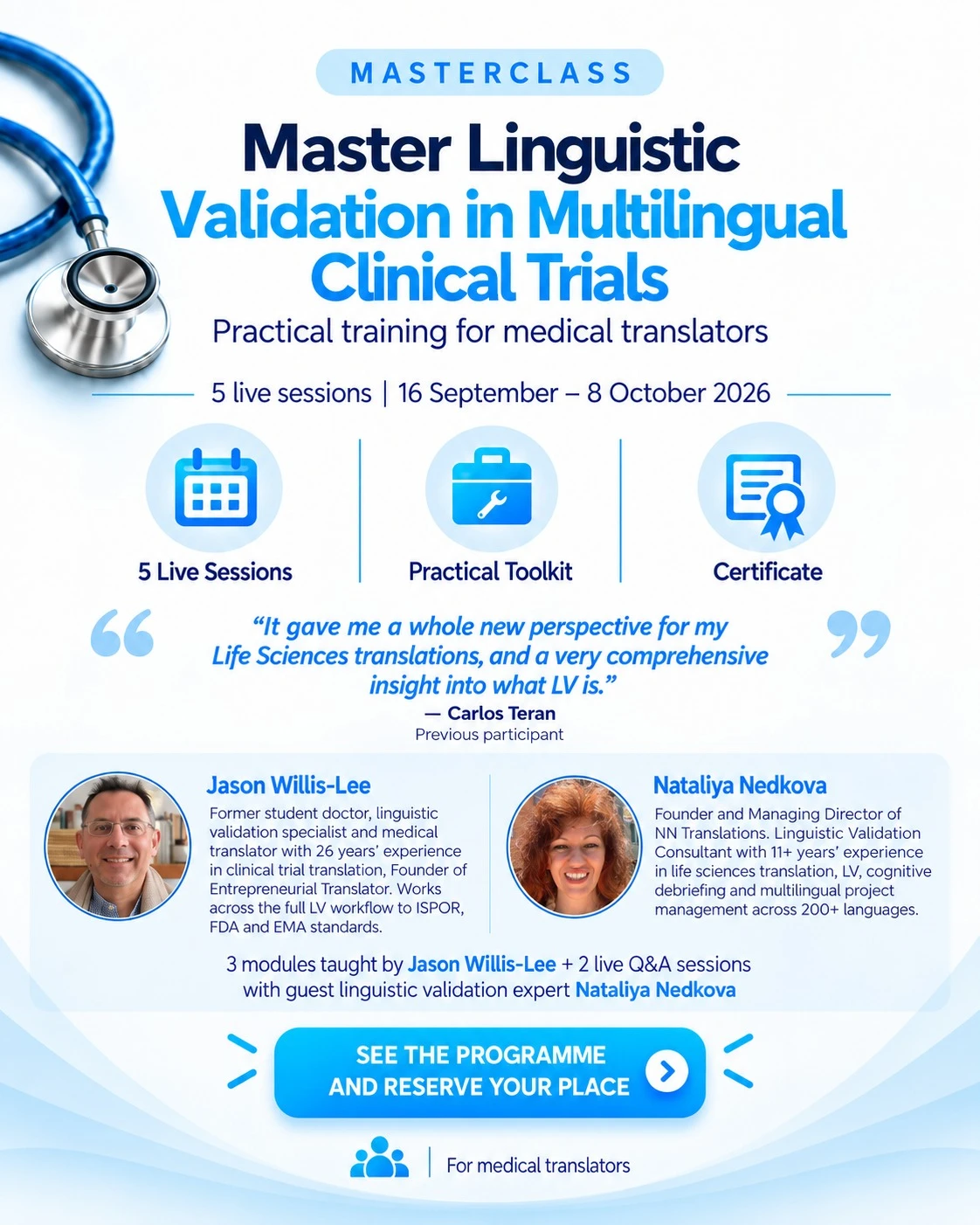 Masterclass poster for Master Linguistic Validation in Multilingual Clinical Trials with Jason Willis-Lee and guest expert Nataliya Nedkova